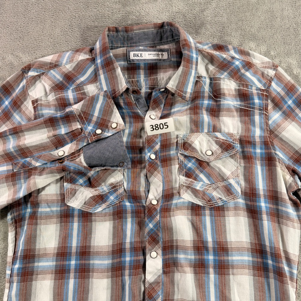 BKE Western Shirt Mens Large Brown Blue Plaid Tailored Pearl Snap Long‎ Sleeve